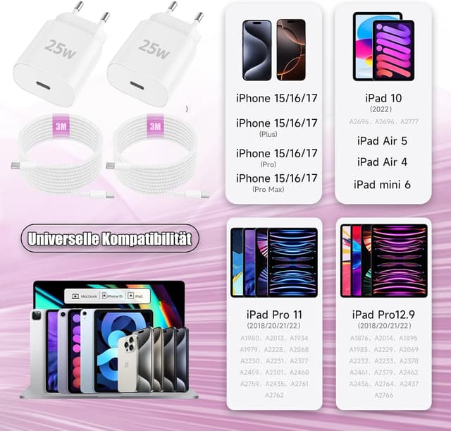 Detalle de 2er-Pack iPad Ladekabel & 25W USB‑C iPad/iPhone Ladegerät (PD 3.0) mit 3M USB‑C Kabel