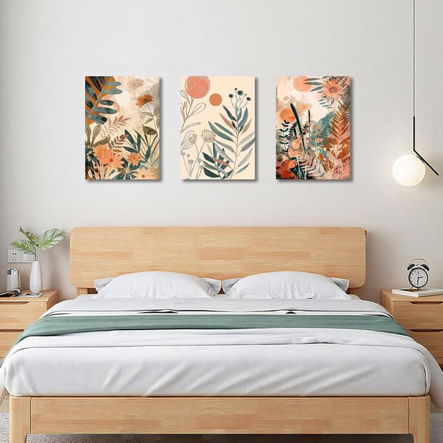 Detalle de FajerminArt 3-Pack Boho Orange Framed Canvas Wall Art (40x60cm per panel) – Abstract leaves & sun