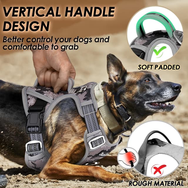 Detalle de Eyein No Pull Dog Harness Large (Camo Grey) – front clip control, padded handle & reflective straps