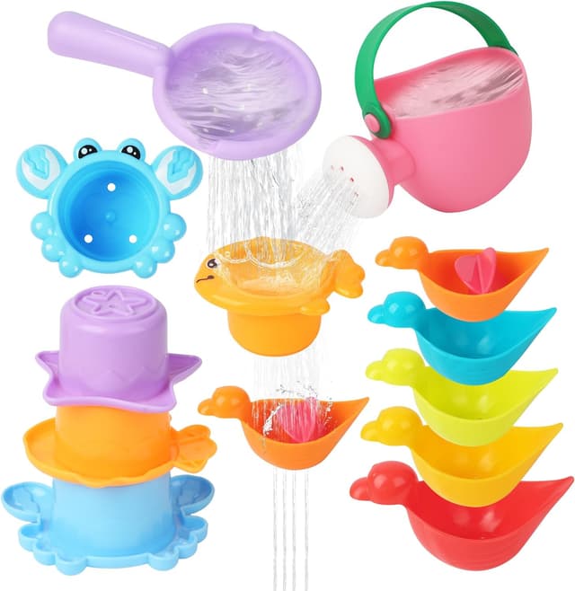 Detalle de ACOMTUO Set da 10 giochi da bagno per bambini, giochi antideformazione antimuffa e impilabili (colori casuali)