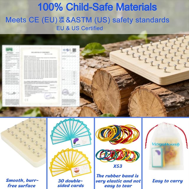 Detalle 2 de VingaHouse Montessori Geoboard aus Holz für Kinder ab 3 Jahren – klassisches Holz-Geobrett