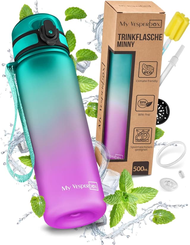 Detalle de My Vesperbox Minny Kinder-Trinkflasche auslaufsicher 500 ml mit Strohhalm oder Sieb (Tritan, BPA-frei) – Lila/Grün