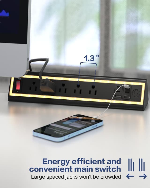 Detalle 2 de NYYTGE Desk Clamp Power Strip with Nightlight, 5-Outlet 40W Fast Charging (6ft Cord) — Fits 1.69-Inch Table Edges