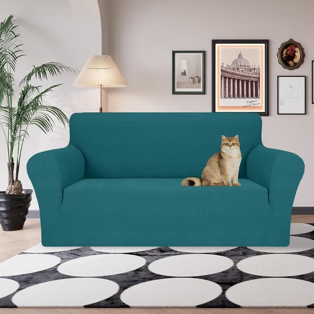 Detalle de Ystyle housse de canapé extensible 2 places universelle avec accoudoirs, motif géométrique vert foncé