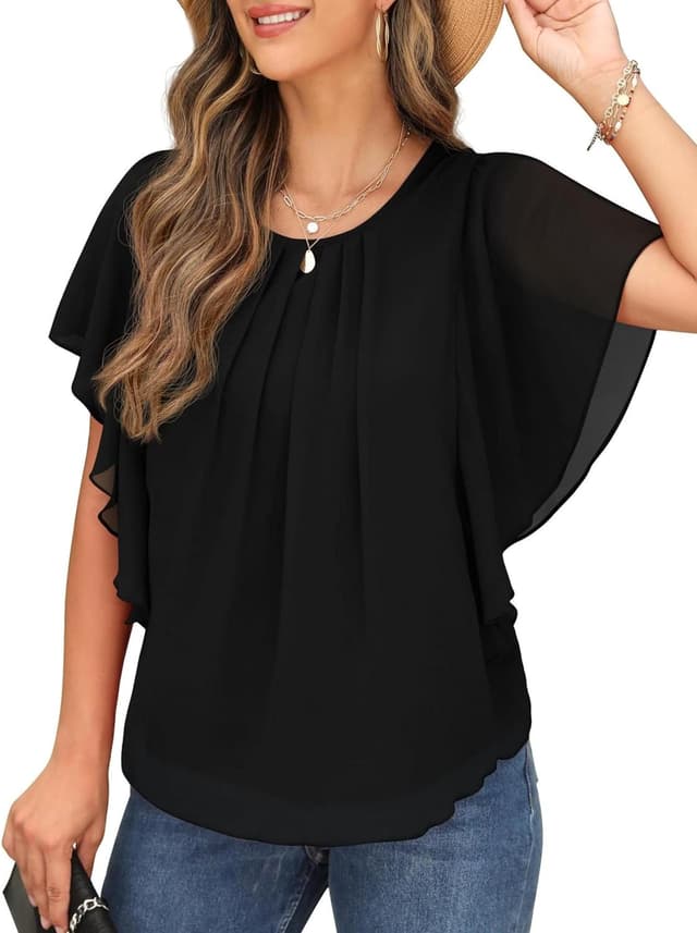 Thumbnail 6 de QIXING Chiffon Kurzarmbluse Damen mit Fledermausärmel – Sommor Top im Rundhals-Design
