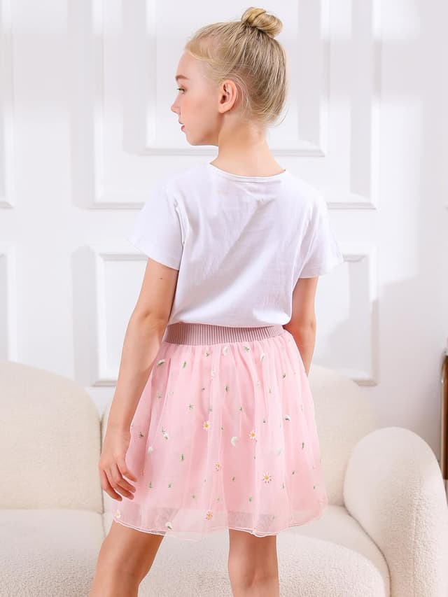 Detalle de Bezioner girls’ embroidered tulle skirt with 4 layers and lining (floral, daily wear to parties)