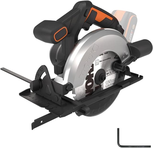 Detalle de WORX WX526.9 sega circolare a batteria 20 V da 165 mm, taglio massimo 55 mm e inclinazione 0–50°