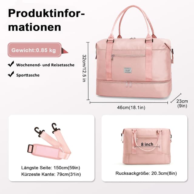 Detalle de TANTOMI Reisetasche für Damen mit Schuhfach und Nass-Trocken-Trennung – wasserdichte Weekender Travel Bag