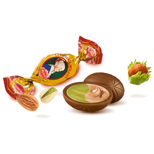 Detalle 2 de Reber Constanze Mozart-Schokis Mini-Pralinés (4 x 100 g) – Alpenmilch mit Haselnuss-Nougat & Pistazien-Marzipan