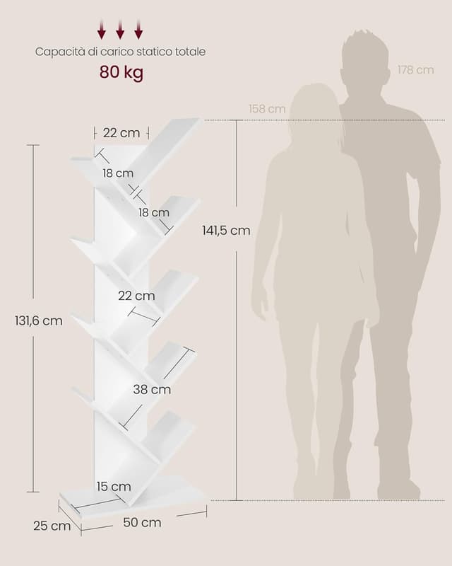 Detalle de VASAGLE Libreria verticale ad albero a 9 ripiani LBC11WTV1 bianco nuvola, salvaspazio per camera e studio