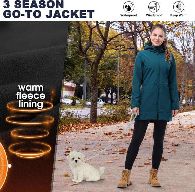 Detalle de 33,000ft Softshelljacke Damen – lange wasserdichte & winddichte Übergangsjacke mit abnehmbarer Kapuze