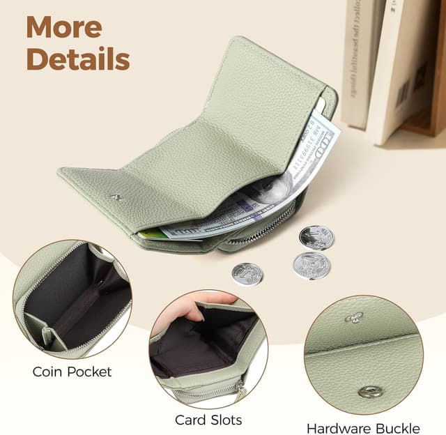 Detalle 2 de RRANCharltu Damen Geldbörse klein mit Reißverschluss, 6 Kartenfächer und Münzfach – Grün