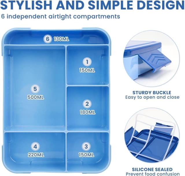 Detalle de Bugucat Kinder-Brotdose mit 6 Fächern (1330 ml) – auslaufsicheres Bento inkl. Besteckset, blau