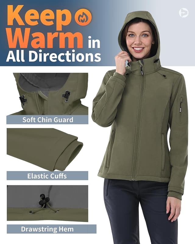 Detalle de Outdoor Ventures Damen Softshelljacke wasserdicht & winddicht mit Kapuze – Übergangs- und Funktionsjacke