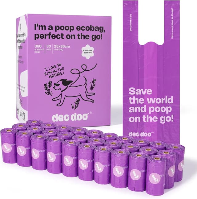 Detalle de Deo Doo dog poop bags with handles (30 rolls, 360 count) – big size, leak-proof and lavender scented