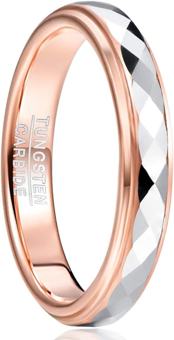 Detalle de TUNGSTORY Roségold Wolframring 4 mm Breit mit Facetten & Rhombus – Komfort Fit, Größe 49.3–62