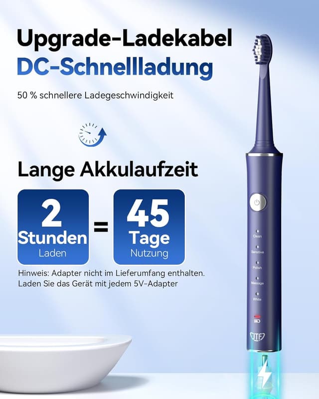 Detalle de JTF Elektrische Schallzahnbürste für Erwachsene – 5 Modi, 45 Tage Akkulaufzeit, IPX7 & 8 Bürstenköpfe (Blau)