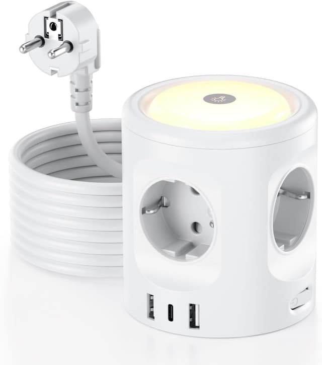 Detalle de 3M Ciabatta multipresa con luce, 4 prese e 3 USB (USB-C + USB-A) con interruttore, 16A, cavo 3 metri