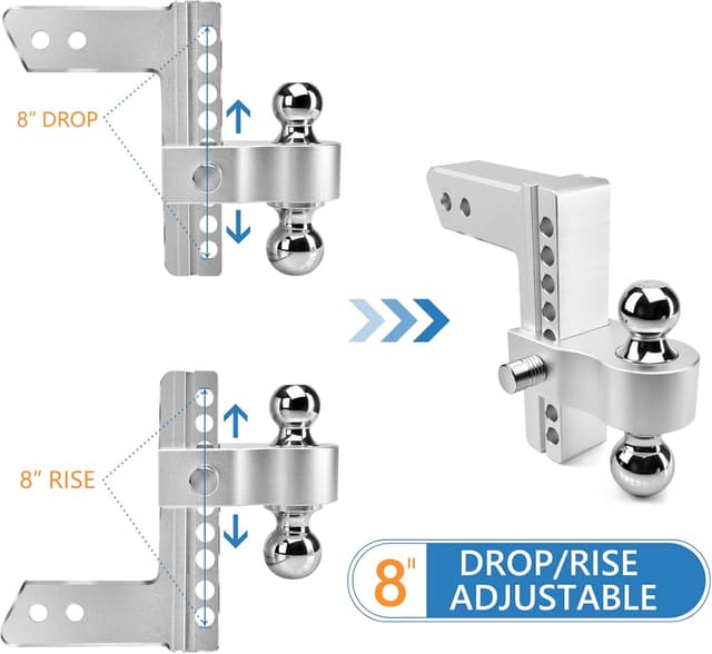 Detalle de Tlvuvmo Adjustable Trailer Hitch (2.5'' Receiver) Aluminum Drop Hitch, 8 Inch Drop/Rise with 2'' & 2-5/16'' Chrome-Plated Balls