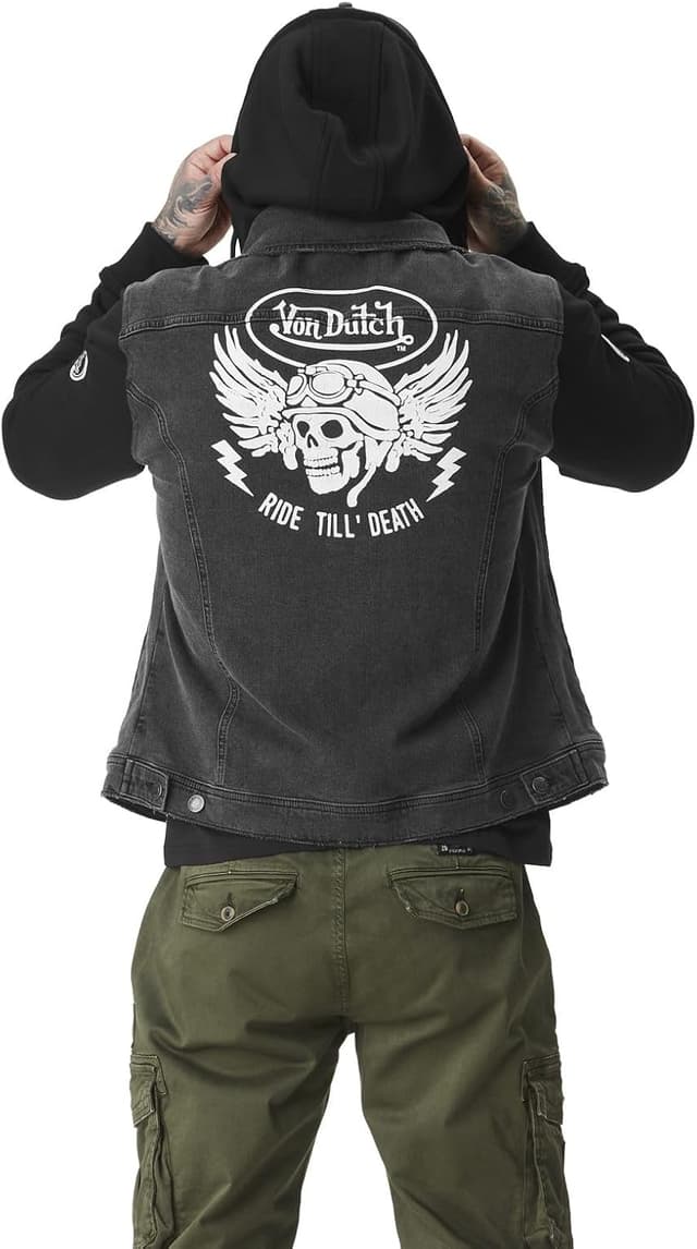 Detalle 2 de Veste en jean bi-matière homme Dutch Used Noir (98% coton, 2% élasthanne)