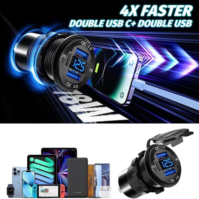 Detalle de HCGZHEN Upgraded 12V USB Charger (4 Ports) with LED Voltmeter — Aluminum Car Outlet, Pack of 2