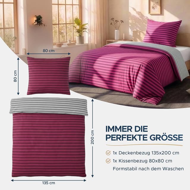 Thumbnail 6 de MALIKA Bettwäsche 135x200 aus Baumwolle, 2-teiliges Set (Weinrot, Streifen) mit Wendebezug