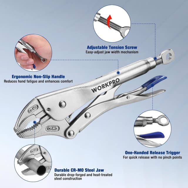 Detalle 2 de WORKPRO 2-Piece Locking Pliers Set (6.5" Long Nose & 10" Curved Jaw) CR-MO Steel