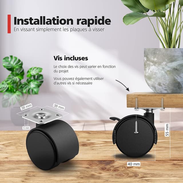 Detalle 2 de RAVN HAMAN – Jeu de 4 roulettes de meuble pivotantes avec frein (40 mm) jusqu’à 25 kg par roue