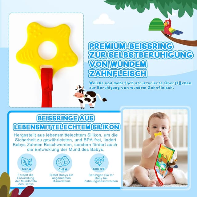 Detalle de BBWOO Babybuch mit Knister-, Stoff- und Fühl-Elementen – Quiet Book mit Beißring für Babys ab 0+ Monaten