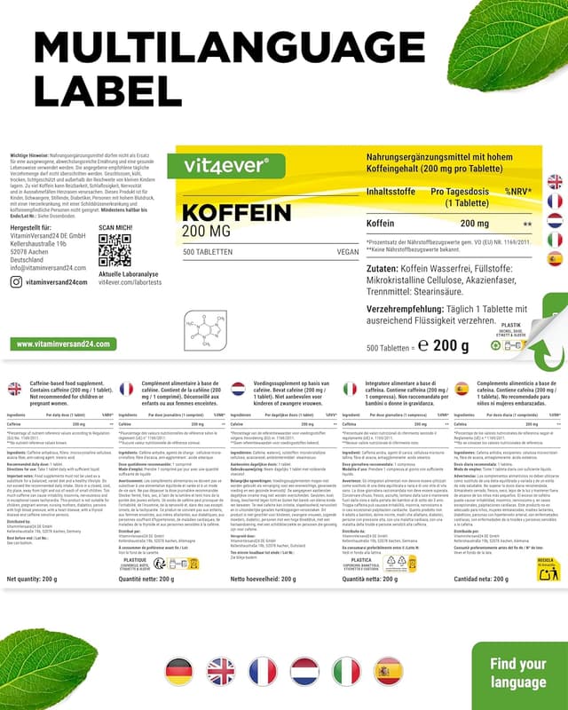Thumbnail 6 de Vit4ever Koffein-Tabletten 200 mg, 500 Tabletten – vegan, ohne unerwünschte Zusätze