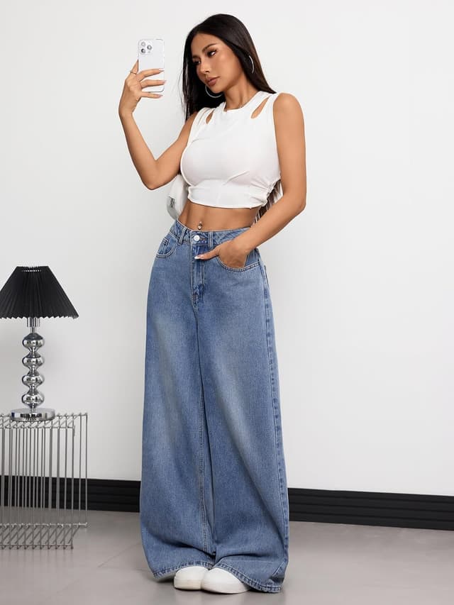 Detalle de OYICAI Women’s Baggy Jeans Wide-Leg Denim Pants (Y2K 90s Hip Hop Streetwear Style)