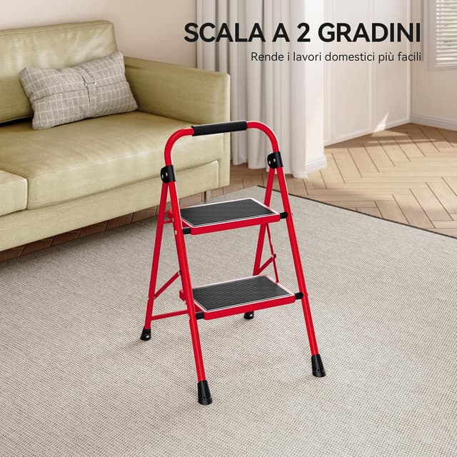 Thumbnail 6 de KINGRACK Scala a 2 gradini pieghevole rossa con maniglia e pedali antiscivolo
