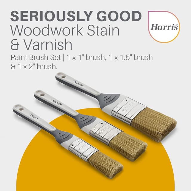 Detalle de Harris Seriously Good Woodwork Stain & Varnish Paint Brushes (3-pack) – 1", 1.5" and 2" in Grey