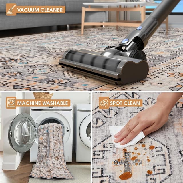 Thumbnail 6 de Tapis Vasip Salon Vintage à poil ras lavable en machine avec dos antidérapant, style rétro floral 200x300 cm