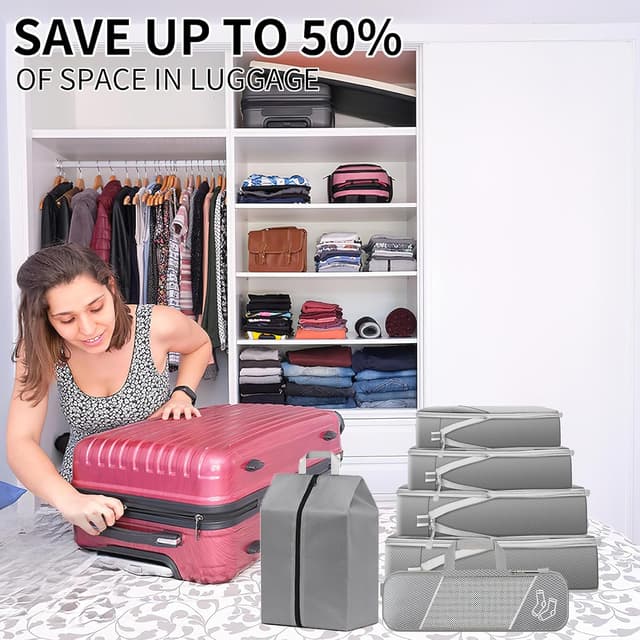Detalle de Lot de 6 organisateurs de valise Gris : cubes de compression et sac à chaussures