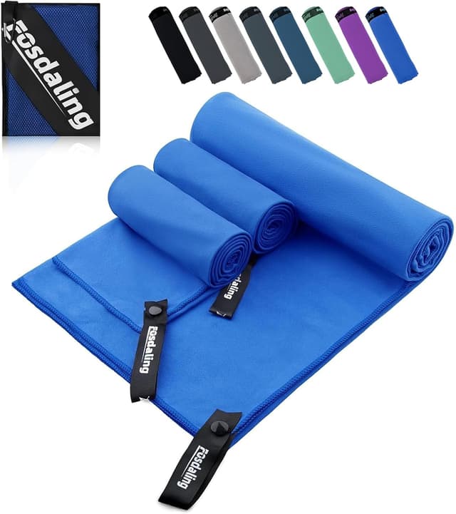 Detalle de Fosdaling Mikrofaser Handtuch-Set (3-teilig) – 200×100 cm + 2×80×40 cm, schnelltrocknend (Königsblau)