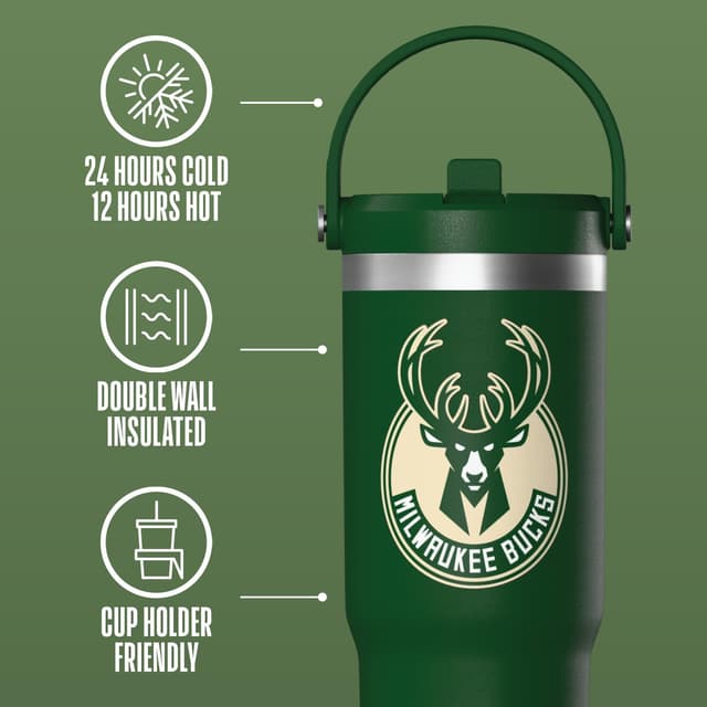 Detalle 1 de Hydrapeak x NBA 32 oz Stainless Steel Tumbler (Milwaukee Bucks) with Straw, Lid & Handle