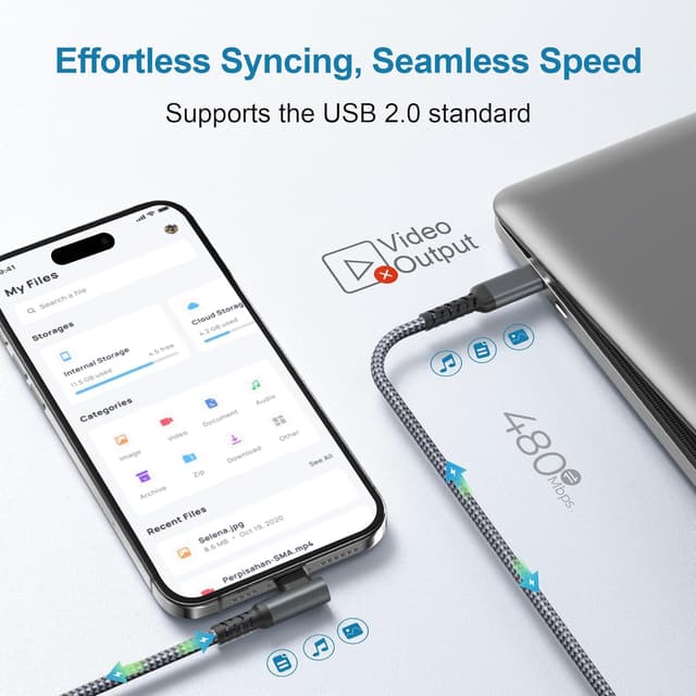 Detalle de BASESAILOR 60W USB-C fast charging car charger cable with right-angled connector (3m) + USB-C adapter