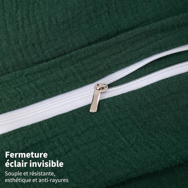 Detalle de YASMENG Parure de lit double en gaze de coton 220x240 vert foncé (housse de couette + taie 65x65 cm)
