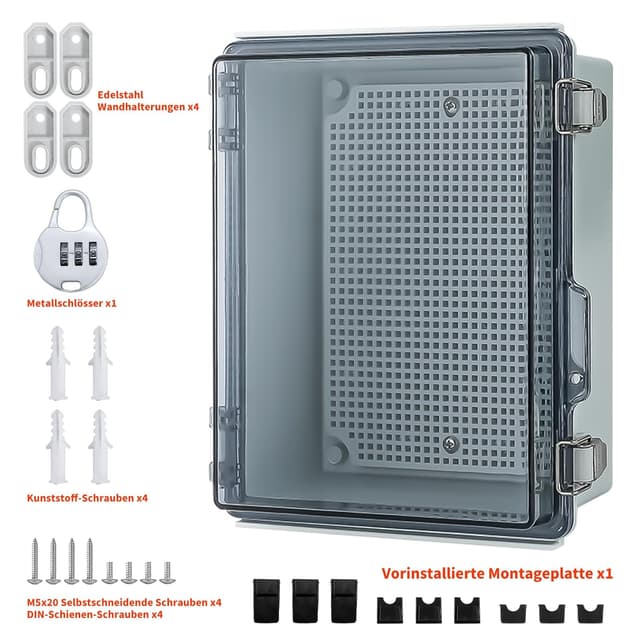 Thumbnail 6 de Wasserdichte Anschlussdose IP65 Aufputz-Verteilerkasten mit ABS-Gehäuse, transparentem Deckel und Schloss (230 × 165 × 120 mm)