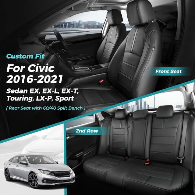 Thumbnail 6 de FEINEPRO Faux Leather Seat Covers for 2016-2021 Honda Civic Sedan (Full Set, Waterproof, 60/40 Split)