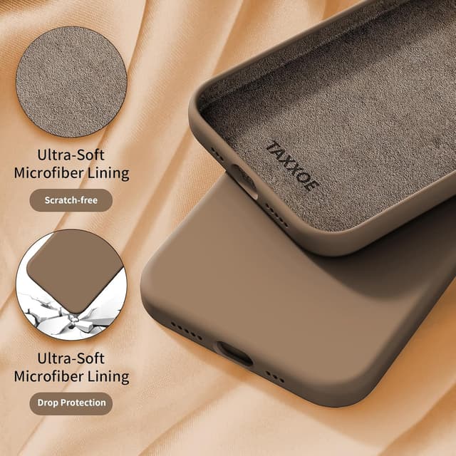 Detalle de TAXXOE Liquid Silicone Case for iPhone 12 / 12 Pro (6.1") in Brown – ultra slim, shockproof, microfibre lined