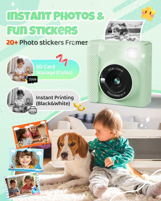 Detalle de TIATUA Kids Instant Print Camera (Green) — 1080P HD Video Digital Camera with Print Paper & 32G Card