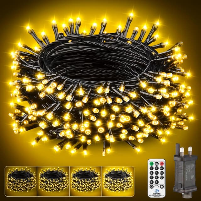Detalle de Outdoor Christmas Tree Fairy Lights (Mains Powered) – 15m String Light with Remote, Waterproof IP44, 150 Warm White LEDs