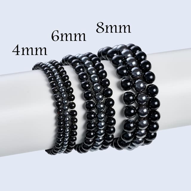 Detalle de Bivei set 3 bracciali con pietre naturali: turmalina nera, ossidiana nera e ematite (3 pezzi, elastico)