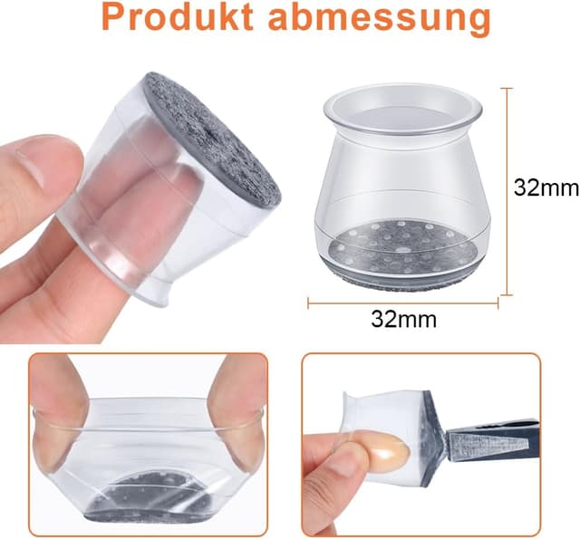 Thumbnail 6 de 32er Stuhlbeinkappen mit Filz und transparentem Silikon – passend für Stuhlbeine (23–32,9 mm rund)