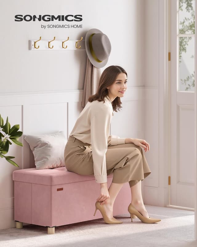 Detalle de Songmics Pouf contenitore cassapanca pieghevole LSF0517R01 in velluto rosa pastello, 77 L