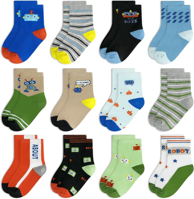 Detalle de GENTABY 12 Pairs Boys Crew Socks (Organic Cotton) – Cartoon & Striped Toddler Socks for Ages 1–7