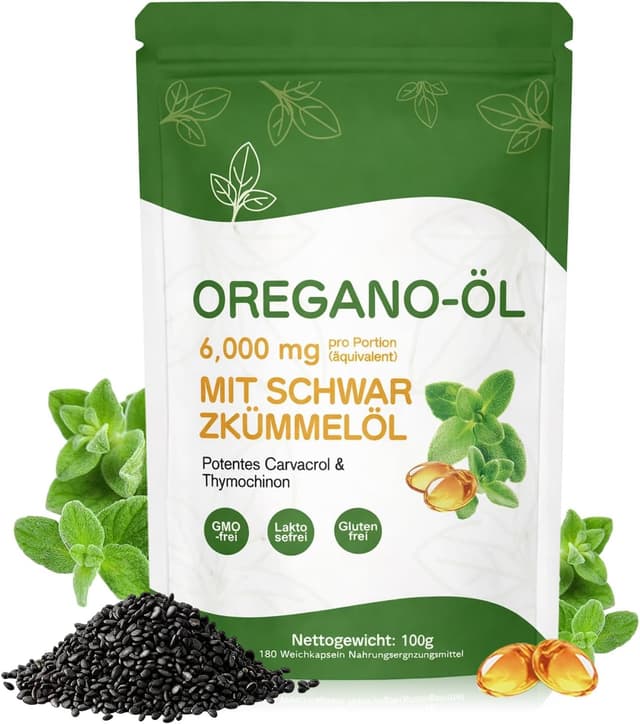 Detalle de Oregano Öl Kapseln 6000 mg (2-in-1 Oregano & Schwarzkümmelöl) – 180 Softgels, vegan, gluten- & laktosefrei
