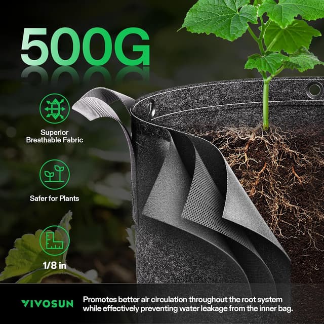 Detalle 2 de VIVOSUN confezione da 5 sacchetti per semina da 12L in tessuto non tessuto (spesso 360G) con manici e occhielli